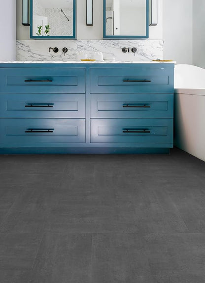 FloorPops Quarry Dark Grey Peel and Stick Floor Tiles, Stone Vinyl Floor Tiles, Water Resistant, 24-in x 12-in Pack of 6