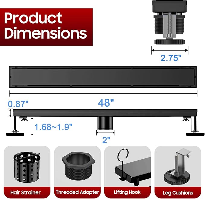 DLONE® Linear Shower Drain - 48 Inch Matte Black, with Tile Insert Pane | AISI 304 Stainless Steel Linear Drain, Rectangle Shower Floor Drain, with Adjustable Feet, Fits Bathroom & Balcony etc