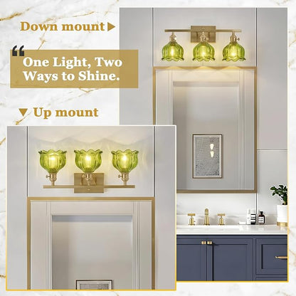 3-Light Vintage Bathroom Vanity Light, 19.4" Brass Hardwired Wall Sconce with Amber Tulip Glass Shades, Brushed Gold Vanity Light for Mirror, Restroom, Bedroom (Green, 3-Light)
