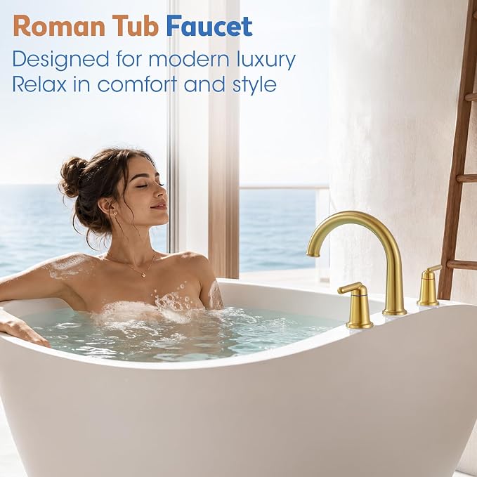Roman Tub Faucet 3 Hole Deck Mount Tub Filler High Flow Brushed Gold | With Ceramic Valve, Solid Brass, High Arch Bathtub Faucet, 2-Handle Design, Widespread Mount, Garden Bath Tub Faucet