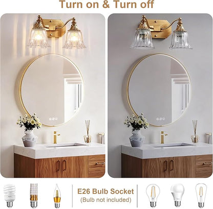 Gold Vintage Bathroom Light Fixtures, 2-Lights Bathroom Vanity Light, Antique Brushed Gold Lighting Fixtures Over Mirror with Crystal Glass Shade, Wall Sconce Lighting