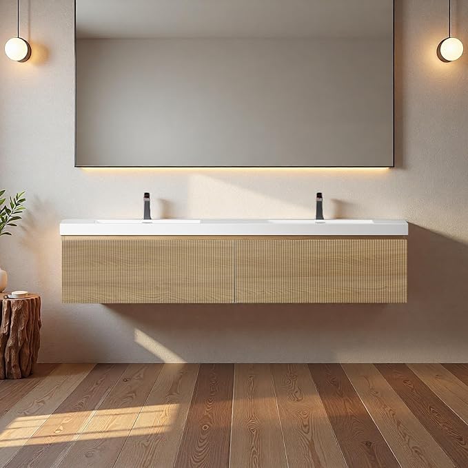 72'' Floating Bathroom Vanity with Sink, Wall-Mounted Bathroom Storage Cabinet with 2 Soft-Close Striped Drawers & Double Solid Surface Basins, Natural Oak Body with Internal Handle, Wood
