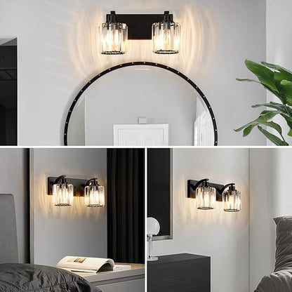 2 Lights Crystal Bathroom Vanity Light Modern Black Bathroom Light Fixture Over Mirror Vanity Lights for Bedroom,Restroom,Hallway E26 Base