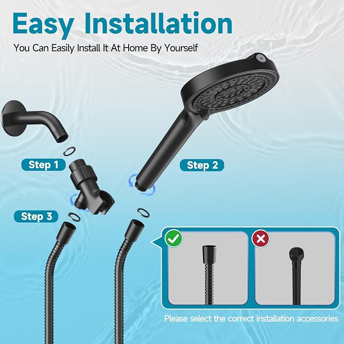 Handheld Filtered Shower Head, 6 Inch High Pressure Hand held Shower Head with Filters for Hard Water, 6 Spray Modes Detachable Showerhead with Hose, Matte Black