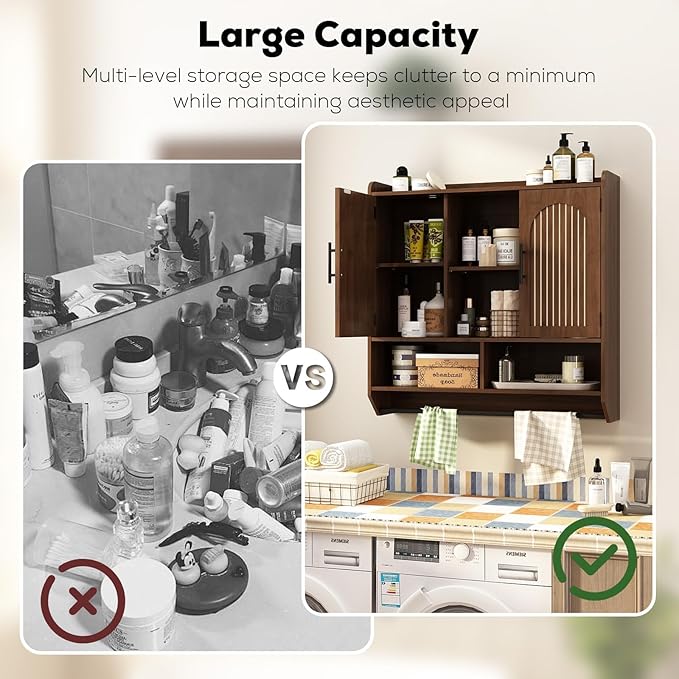 RUSTOWN Fluted Bathroom Wall Cabinet, Mid-Century Modern Medicine Cabinet with Adjustable Shelves & Towel Bar,3-Tier Wall Mounted Cabinets, Over The Toilet Storage Cabinets for Bathroom, Dark Walnut