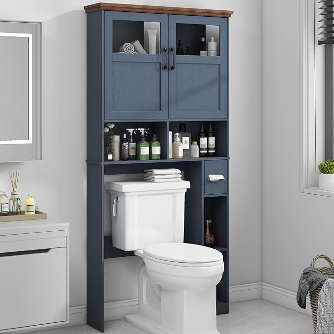 Vabches Over The Toilet Storage Cabinet with Doors & Paper Holder, Blue | Vabches Freestanding Toilet Shelf Space Saver with Anti-Tip Design & Adjustable Shelf or Restroom, Bathroom, Laundry