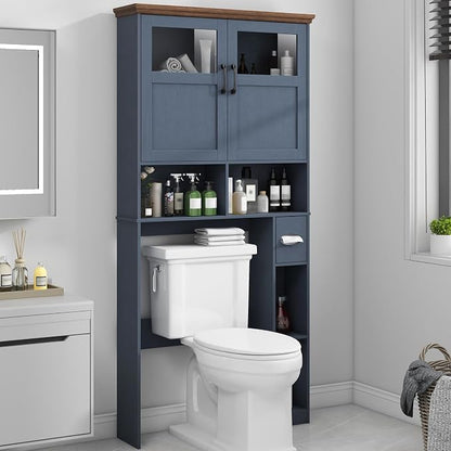 Vabches Over The Toilet Storage Cabinet with Doors & Paper Holder, Blue | Vabches Freestanding Toilet Shelf Space Saver with Anti-Tip Design & Adjustable Shelf or Restroom, Bathroom, Laundry