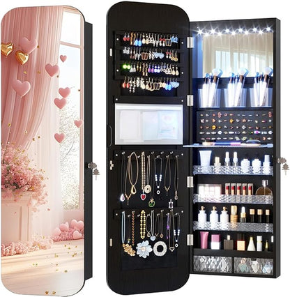 Vlsrka 47.2" Wall/Door Mounted Jewelry Cabinet Organizer Armoire W/Mirror | 6 LEDs, Over The Door Hanging Jewelry Organizer with Rounded Corner Mirror, Lockable Full Length Mirror with Storage, Black