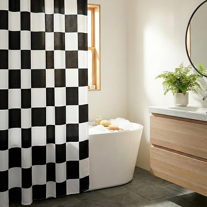 Checkered Shower Curtain, Classic Minimalist Black and White Checkerboard Design, Waterproof Polyester Fabric Shower Curtains Sets with Hooks for Bathroom 72x72 Inches