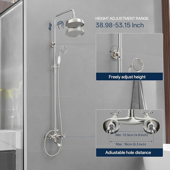 Homevacious Brushed Nickel Brass Outdoor Shower Kit Exposed Shower | 8 Inch High Pressure Rain Shower Head with Hand Spray Bathroom Shower Faucet System Double Knobs Cross Handle 3-Function