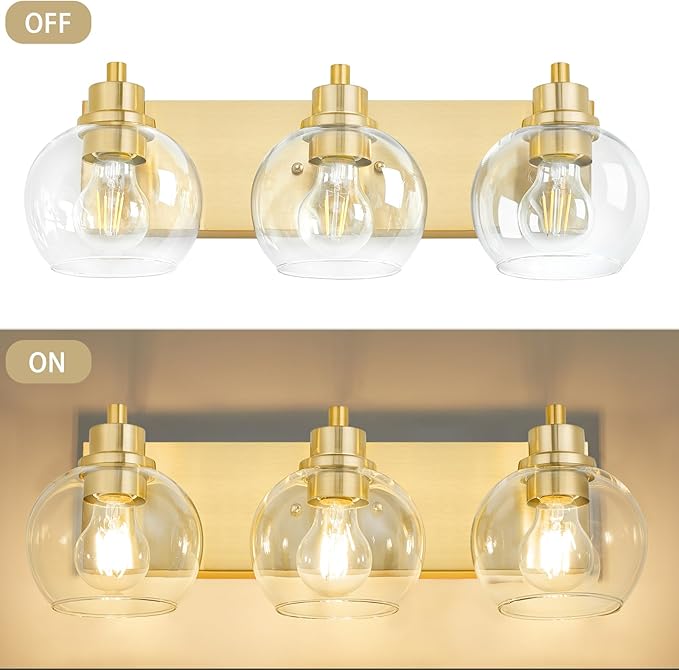 Tuscarora Bathroom Light Fixtures Gold Vanity Light 3 Light Wall Sconces Lighting Brushed Brass Bathroom Lights Bath Wall Lights Wall Lamp for Mirror (Brushed Gold & Clear Glass)