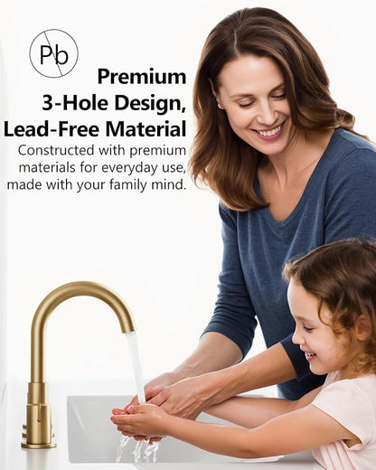 Bathroom Sink Faucet 3 Hole 8 Inch Widespread 2-Handle Vanity Faucet SUS304 Stainless Steel with Pop-Up Drain and Supply Lines Brushed Gold