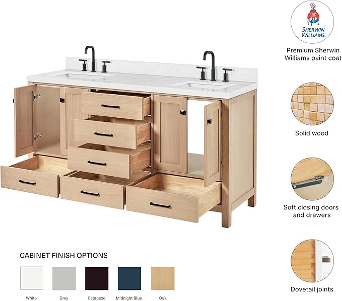 DKB Beckford 66-Inch Oak Double Bathroom Vanity with Sink, 1.5-Inch Carrara White Quartz Countertop & 4" Backsplash, Soft Closing Doors & Drawers, Matte Black Hardware