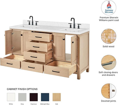 DKB Beckford 66-Inch Oak Double Bathroom Vanity with Sink, 1.5-Inch Carrara White Quartz Countertop & 4" Backsplash, Soft Closing Doors & Drawers, Matte Black Hardware
