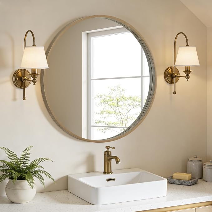 Round Wood Mirror, 32" Round Modern Decoration Large Circle Wall Mirror for Bathroom Living Room Bedroom Entryway, Honey