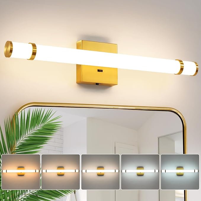 Gold Bathroom Light Fixtures - 23 Inch LED Modern Vanity Lights for Bathroom with Acrylic Shade 14W Dimmable 5CCT Bathroom Sconces Wall Lighting Over Mirror Cabinets(Built-in Dimmer)