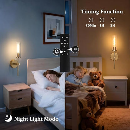 Shenmoyl Battery Operated Wall Sconces Set of 2, Gold Rechargeable Wall Lighting Fixtures, Dimmable Wall Lights with Remote & Clear Glass Shade for Living Room, Bathroom,Bedroom