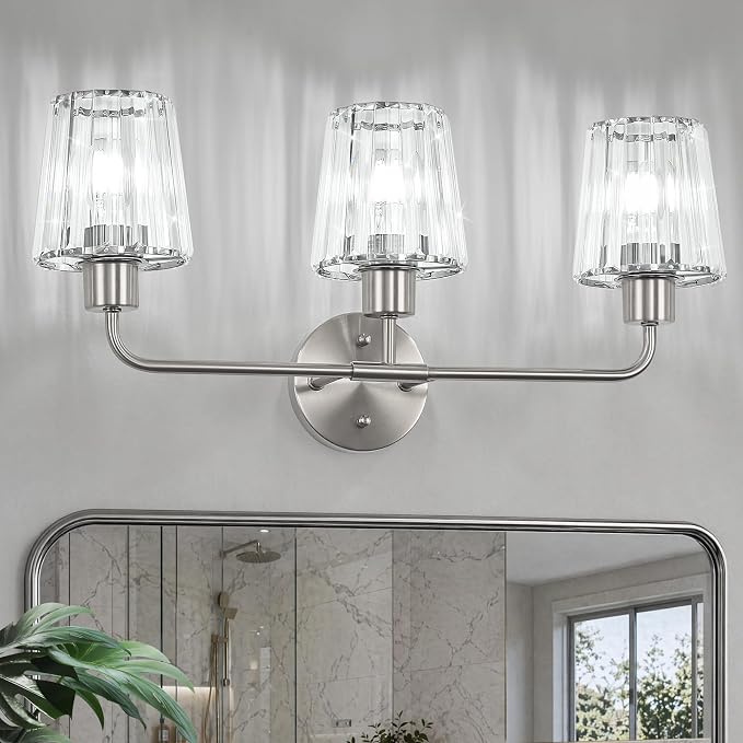 Brushed Nickel Vanity Lights 3-Light Crystal Bathroom Light Fixtures | Modern Bathroom Vanity Light E26 Wall Light over Mirror (Exclude Bulb)