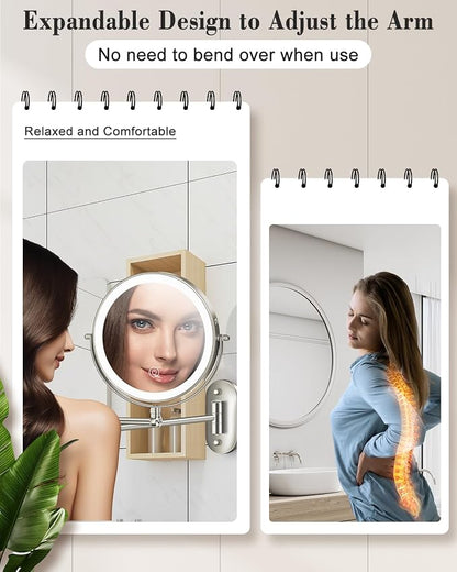 20X 9" Wall Mounted Magnifying Makeup Mirror with Light Height Adjustable | 5000mAh Double Sided Rechargeable LED Lighted Vanity Mirror with Magnification 3 Color Light up Extended Arm 360 Rotation