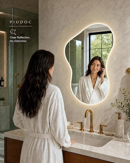 Irregular Led Bathroom Mirror with Lights 20x32 Inch, Backlit Asymmetrical Led Bathroom Mirror for Wall, Lighted Vanity Mirror with Lights, Anti-Fog, Dimmable 3 Colors, Shatter-Resistant