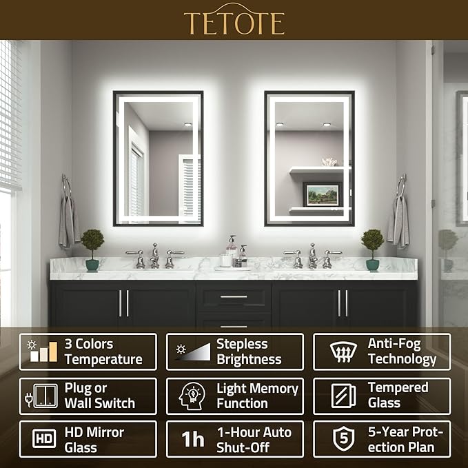 Led Bathroom Mirror 36 x 36 with Brushed Black Frame Anti-Fog Frontlit & Backlit Vanity Mirror Stepless Dimmable Lighted Mirrors for Bathroom Wall 3 Colors White/Warm/Natural Wall-Mounted