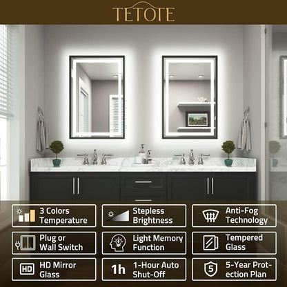 48 x 24 Bathroom LED Mirror Brushed Black Metal Frame Frontlit & Backlit Vanity Mirror Stepless Dimmable Anti-Fog 3 Colors White/Warm/Natural Light up Vanity Mirror Wall-Mounted