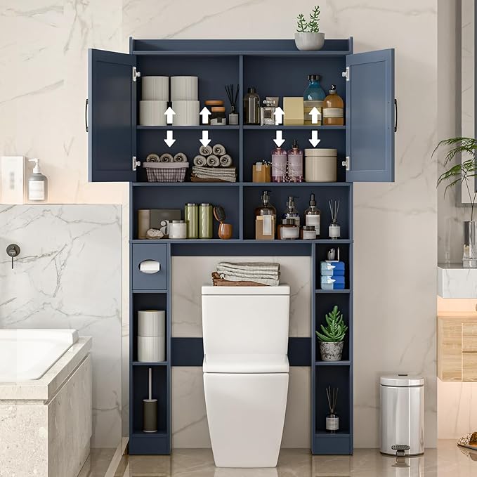 Vabches Over The Toilet Storage Cabinet with Barn Doors, Blue | Toilet Cabinet Rack, Space Saving Bathroom Organizer with Shelves, Toilet Paper Holder and Towel Rack for Bathroom,Laundry.