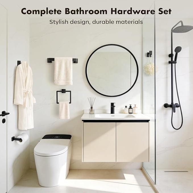 5-Pieces Matte Black Bathroom Accessories Set, 16 Inch Bath Towel Bar Set | Stainless Steel, Towel Ring, Toilet Paper Holder, Robe Hooks, Towel Racks for Bathroom Wall Mounted, Bathroom Hardware Set