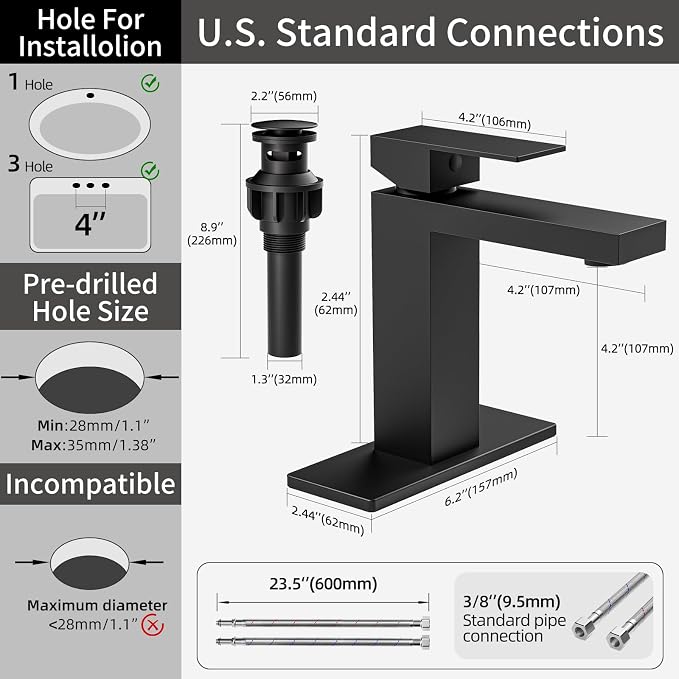 Black Bathroom Faucet, SUS304 Stainless Steel Lead-Free | Vanity Faucet with Deck Plate & Pop-Up Drain, Single/3 Hole Installation, for Farmhouse,Bathroom Sink,Vanity, Washbasin, RV,