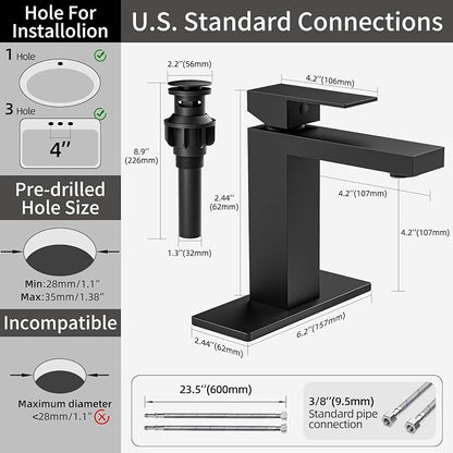 Black Bathroom Faucet, SUS304 Stainless Steel Lead-Free | Vanity Faucet with Deck Plate & Pop-Up Drain, Single/3 Hole Installation, for Farmhouse,Bathroom Sink,Vanity, Washbasin, RV,