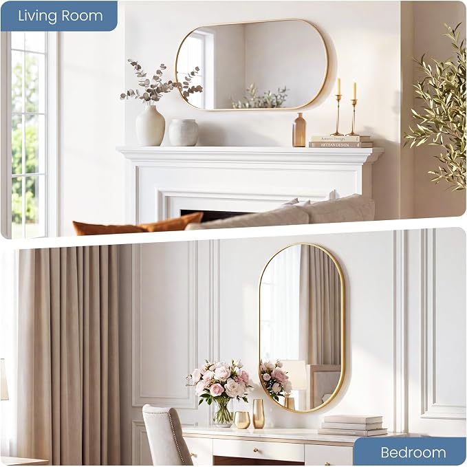 Sweetcrispy Oval Bathroom Wall Mirror, Vanity Mirror, 24x36 Inch | Metal Frame Tempered Glass, Over Sink Living Room, Bedroom Entryway Hang, Horizontal or Vertical, Gold