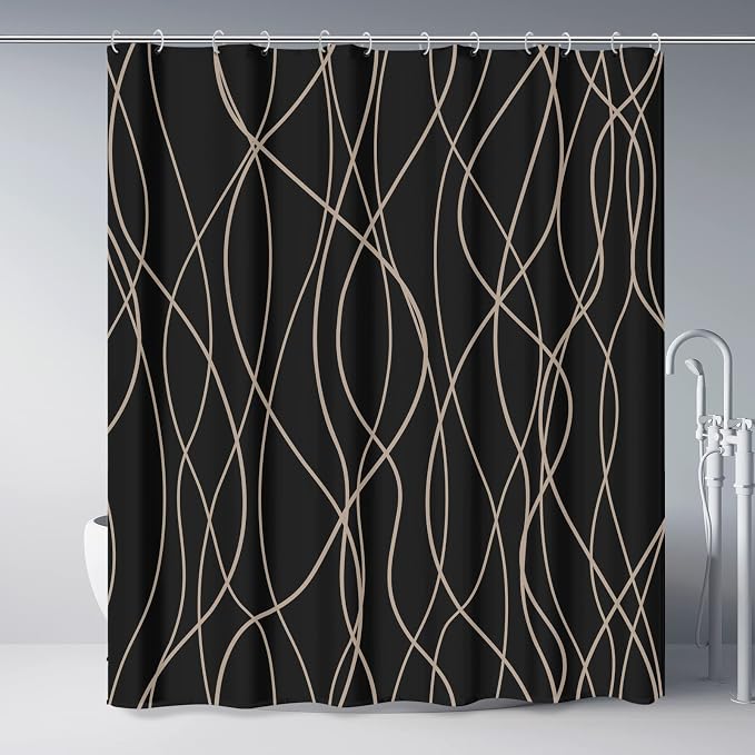 Striped Shower Curtain for Bathroom, Black Brown, 72" W x 72" L | with Hooks, Modern Hotel Style, Water Repellent, Washable, Weighted Hem