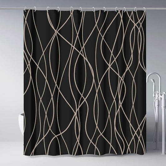 Striped Shower Curtain for Bathroom, Black Brown, 72" W x 72" L | with Hooks, Modern Hotel Style, Water Repellent, Washable, Weighted Hem