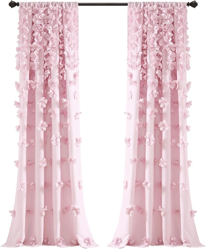 Lush Decor Riley Light Filtering Window Curtain Panel, Single 54" W x 95" L, Lilac - Cute Purple Curtains for Bedroom - Bow Decor - Coquette Curtains for Windows