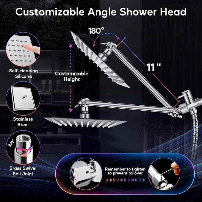 LED Shower Head with High Pressure 10” Rain Shower Head, 11” Extension Arm | Color Changing Based On Water Temperature Handheld showerhead, Stainless Steel, 60" Hose, Chrome