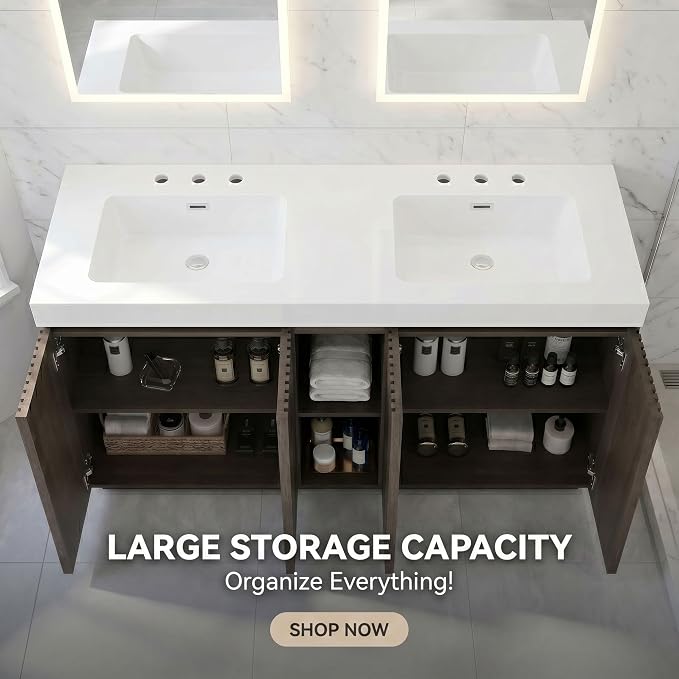 60" Double Bathroom Vanity with Sink (8" Widespread Faucet Holes Predrilled), Mid Century Modern Bathroom Cabinet with 4 Doors & Shelves, White Integrated Sink with Overflow, Dark Oak