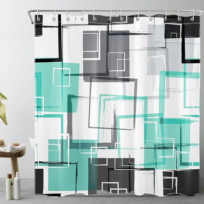 Teal Geometric Shower Curtain Sets with Rugs Mid Century Modern Neutral Geometric Shower Curtains for Bathroom Modern Design Teal and Grey Pattern Abstract Bathroom Decor, 70Lx70W inches