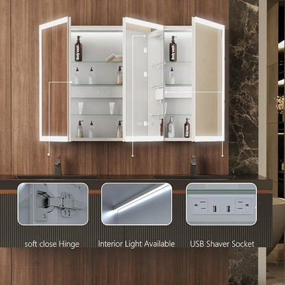 48 in. W Smart Lighted Medicine Cabinet with Mirror for Bathroom, Recessed/Surface Mount Medicine Cabinet with Anti-Fog, 1800W Charging Station, USB Ports, 3 Color Lights