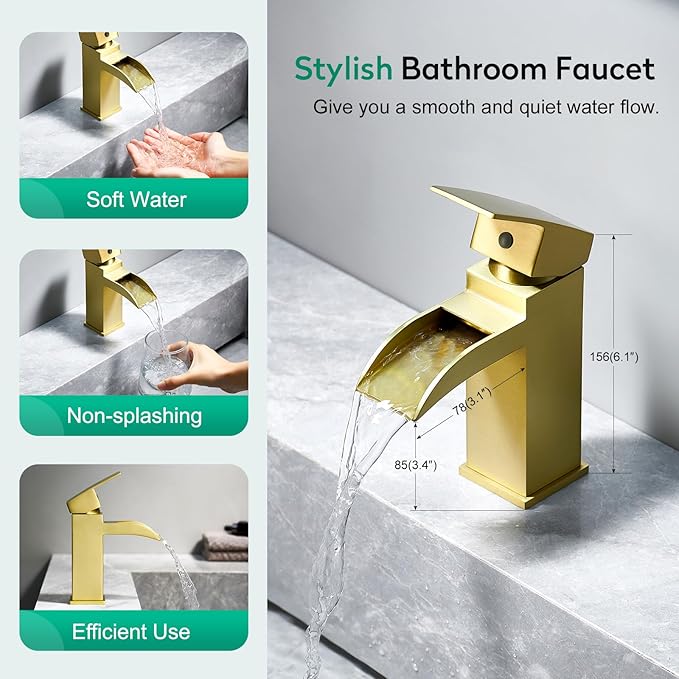 CREA Brushed Gold Waterfall Bathroom Faucet 1 Hole Single Handle Bathroom Sink Faucet with Pop Up Drain Stainless Steel Vanity Faucet Basin Mixer Tap Hot Cold Water Supply Line 3 Hole Deck Plate