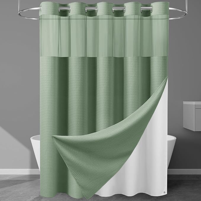 EUTXL Heavyweight No Hook Shower Curtain with Liner, Sage Green,71x86 | Snap in Liner, 256GSM Thick Waffle Fabric, Hotel Luxury Spa, Corner Magnets, Quick Dry, Waterproof & Washable, Extra Long