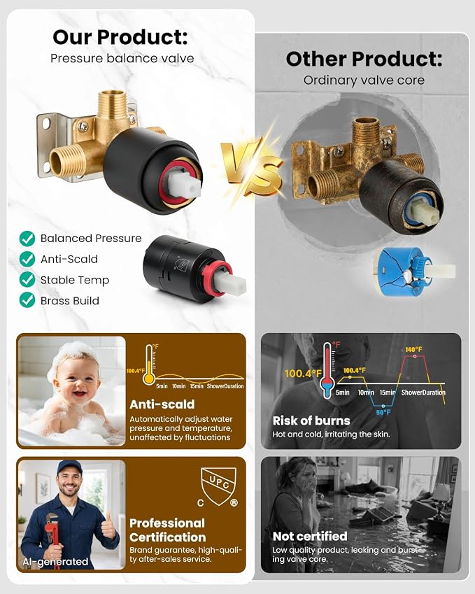 gotonovo Dual Shower Head with Valve 6 Mode Handheld Spray Matte Black | 6 Mode ABS Rain Head with Handheld Spray,2 in 1 Bathroom Trim Kit,Shower Head and Handle Set,Brass Rough-in Valve,Wall Mount