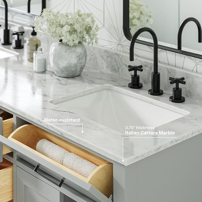 ARIEL Hepburn 66-inch Bathroom Vanity with Sink,Solid Wood, 0.75-inch Italian Carrara Marble Countertop, Double Rectangular Porcelain Sink, 4 Soft Closing Doors, 6 Dovetail Drawers, Grey