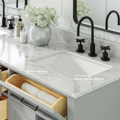 ARIEL Hepburn 66-inch Bathroom Vanity with Sink,Solid Wood, 0.75-inch Italian Carrara Marble Countertop, Double Rectangular Porcelain Sink, 4 Soft Closing Doors, 6 Dovetail Drawers, Grey