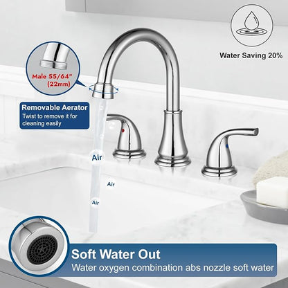 Polish Chrome Widespread Bathroom Sink Faucet, 3 Hole 8 Inch | Modern Bathroom Faucet 3-Hole,2 Handles,Pop-Up Drain & Supply Lines,Deck Mount Vanity Faucet,1.2 GPM,SUS304 Stainless Steel