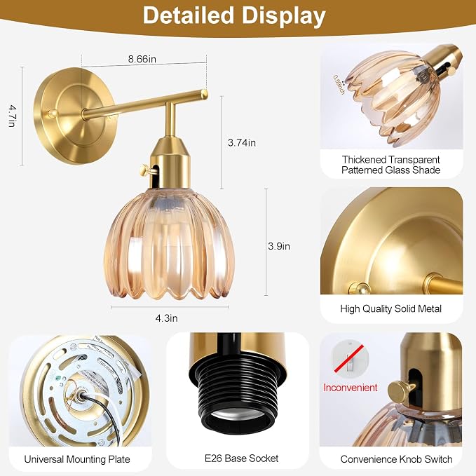 Vintage Wall Sconces with Cute Amber Tulip Glass Lampshade, Brass Sconces Hradwired Modern Wall Mounted Light Fixtures with Switch for Bedside Bedroom Living Room Wall Decor