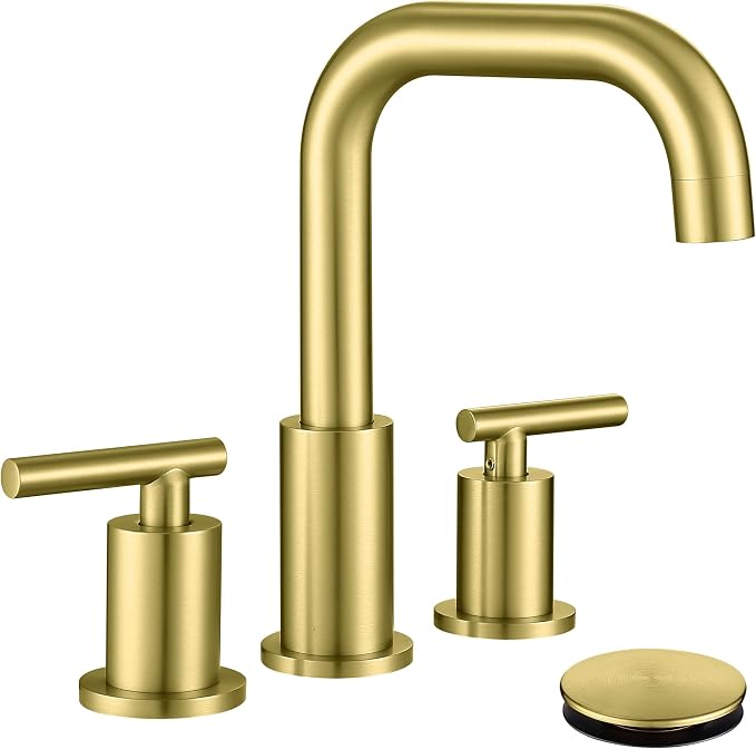 ChiLDano Brushed Gold Bathroom Faucets 3 Hole with Drain and Supply Hose | 2 Handles Brushed Gold Widespread Bathroom Faucet for Sink 3 Hole, 8 inch Bathroom Sink Countertop Faucet Matte Gold CH3166BG