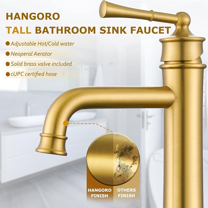 Brushed Gold Tall Bathroom Faucet,Single Hole Bathroom Sink Faucet | Deck Mount Single Handle One Hole Lavatory Vanity Faucet with Pop Up Drain Assembly Bathroom Sink Faucet for Mixer Bowl