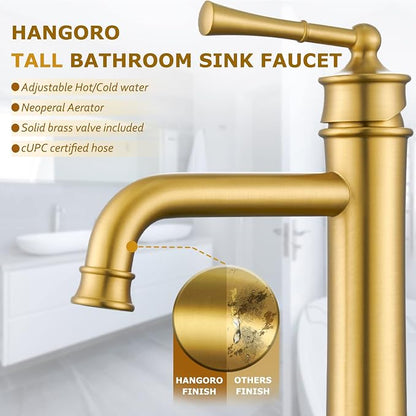 Brushed Gold Tall Bathroom Faucet,Single Hole Bathroom Sink Faucet | Deck Mount Single Handle One Hole Lavatory Vanity Faucet with Pop Up Drain Assembly Bathroom Sink Faucet for Mixer Bowl