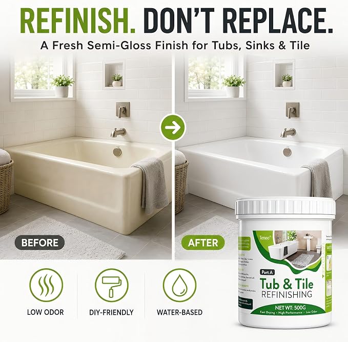 17 oz White Tub and Tile Paint, Semi-Gloss Refinishing Kit | Includes 8 Tools for Refinishing Tubs, Sinks and Tiles. Low Odor Formula Covers up to 30 Sq Ft.