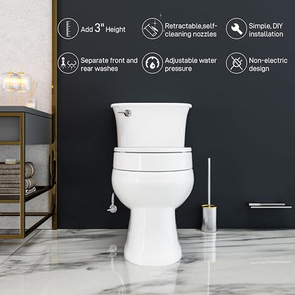BIGCOW Raised Toilet Seat with Bidet - Elongated, Soft Close, 3" Height - Dual Nozzle (Frontal & Rear Wash) with Adjustable Cold Water Pressure and Stainless Steel Inlet (Elongated)